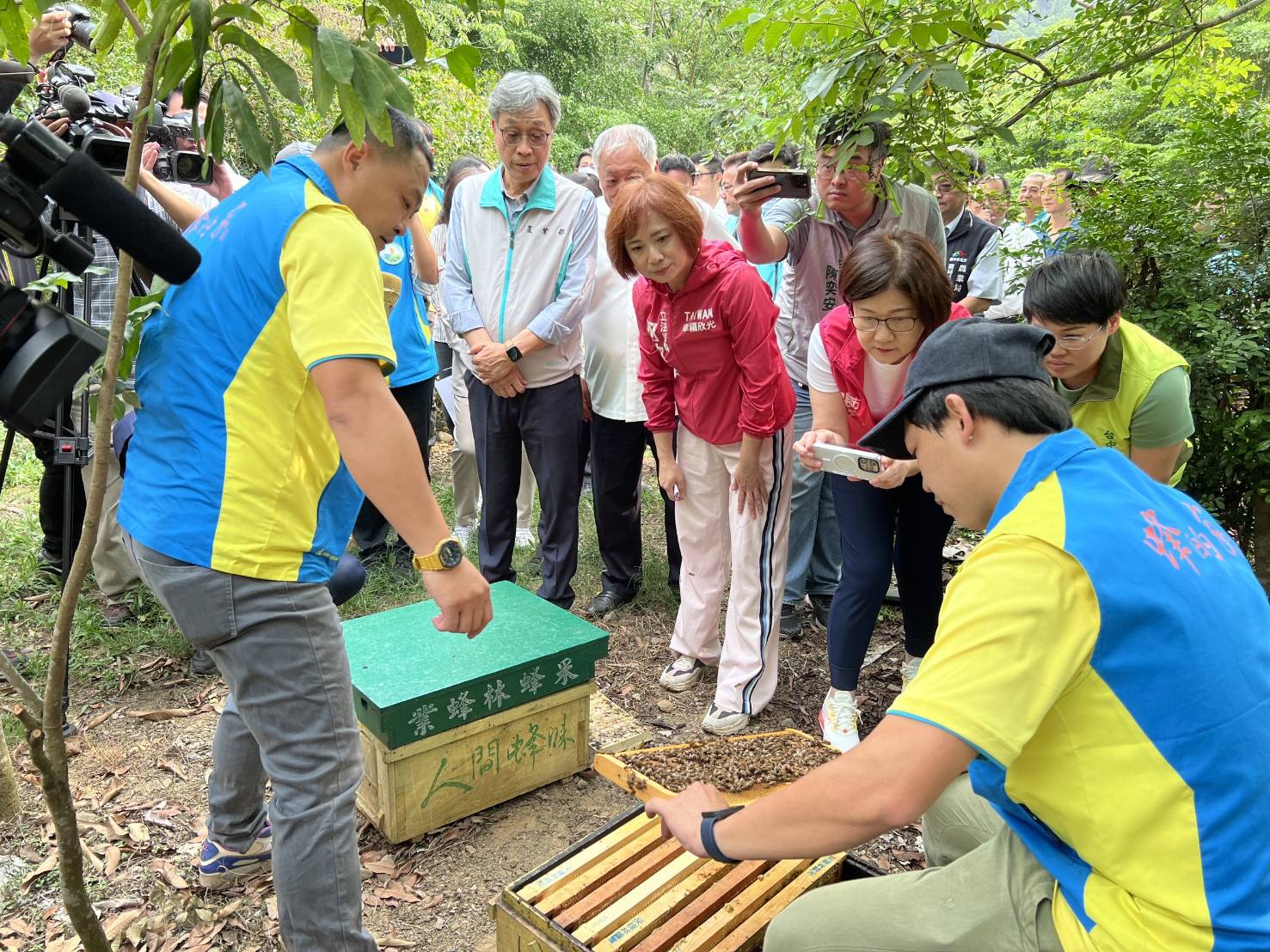 農業部陳駿季代理部長(中左)與何欣純立法委員(中右)，關心因氣候變遷影響蜜蜂採蜜情形。