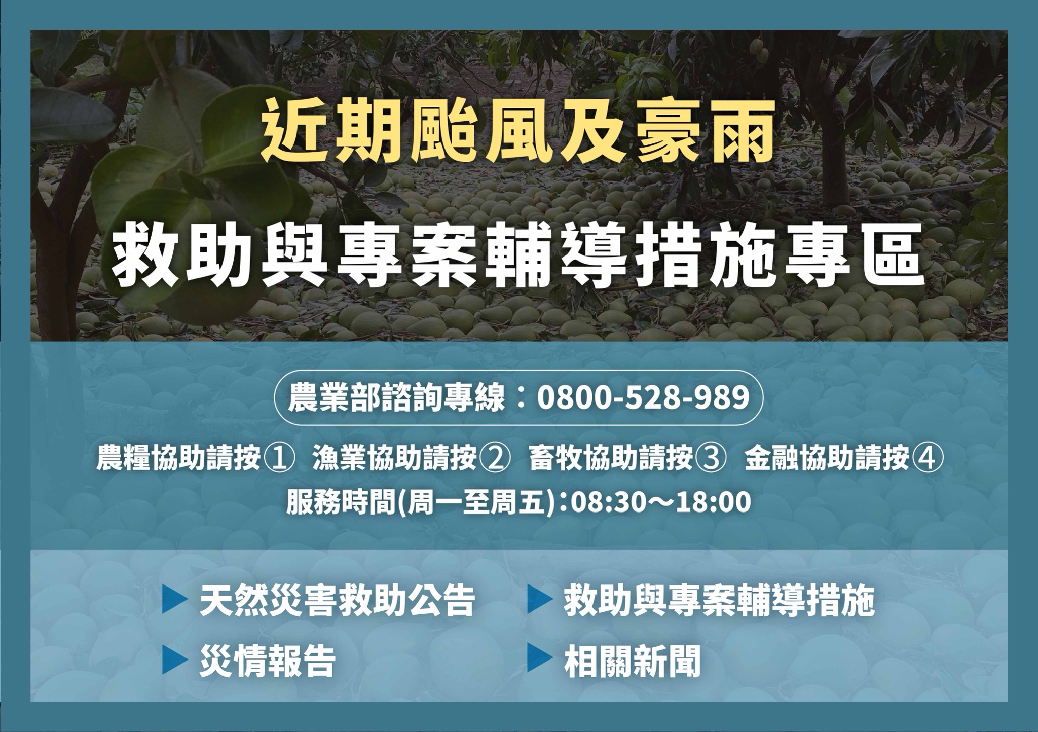 09月12日 近期颱風及豪雨救助與專案輔導措施專區 有需要的朋友務必多加利用