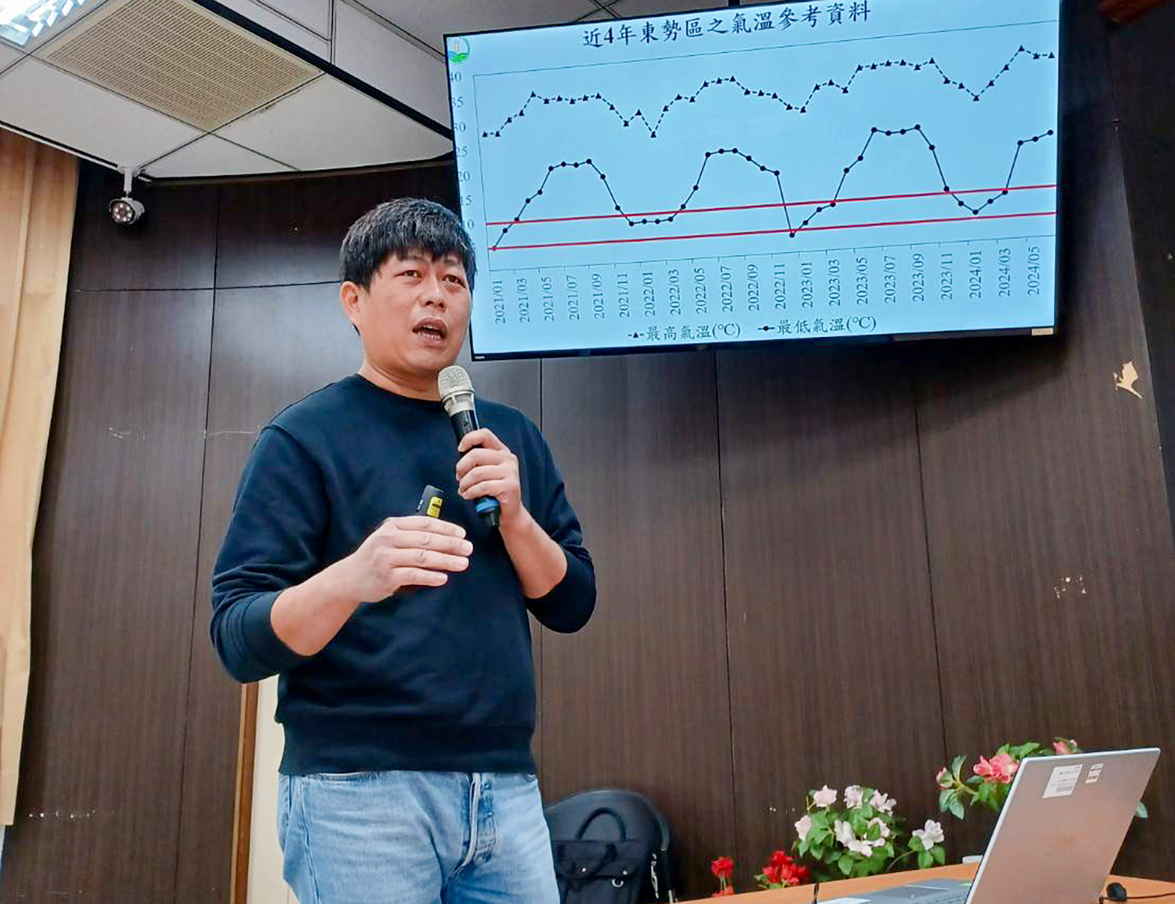 臺中農改場藍玄錦副研究員向農友說明「微生物製劑施用方法」增強梨樹抗逆境能力。