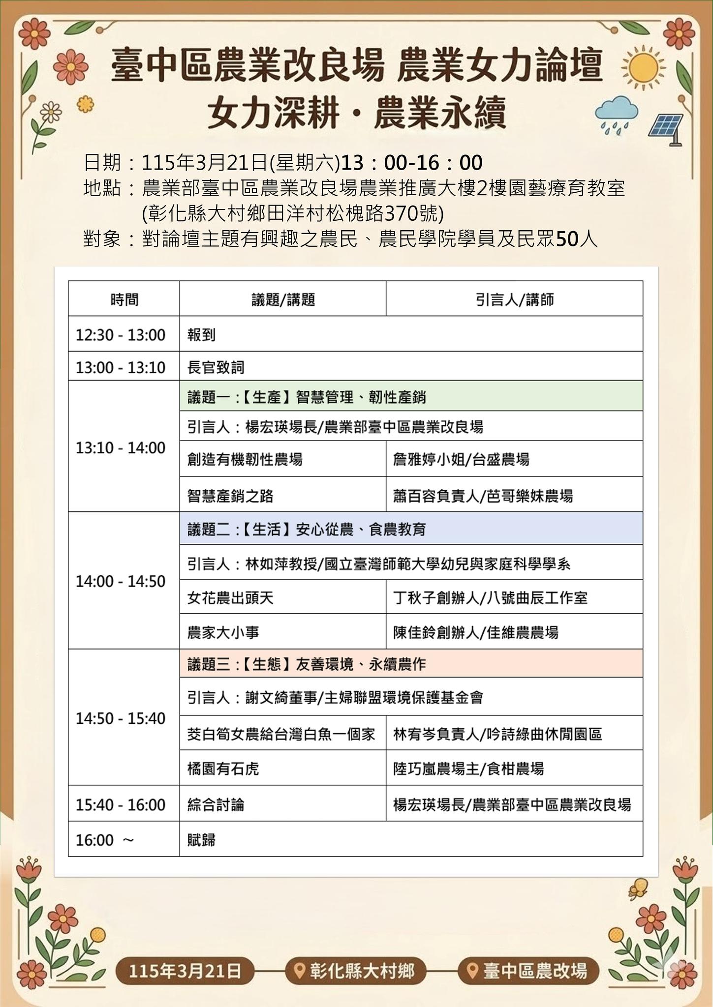 03月09日 03/21「家政70周年暨臺中農改場開放日」開放日系列活動Part.2 女力深耕•農業永續 農業女力論壇 開始報名啦