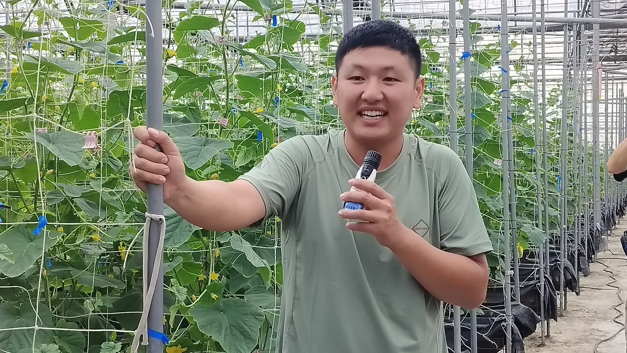 陳昆懷農場主介紹溫室使用噴霧降溫的時機。