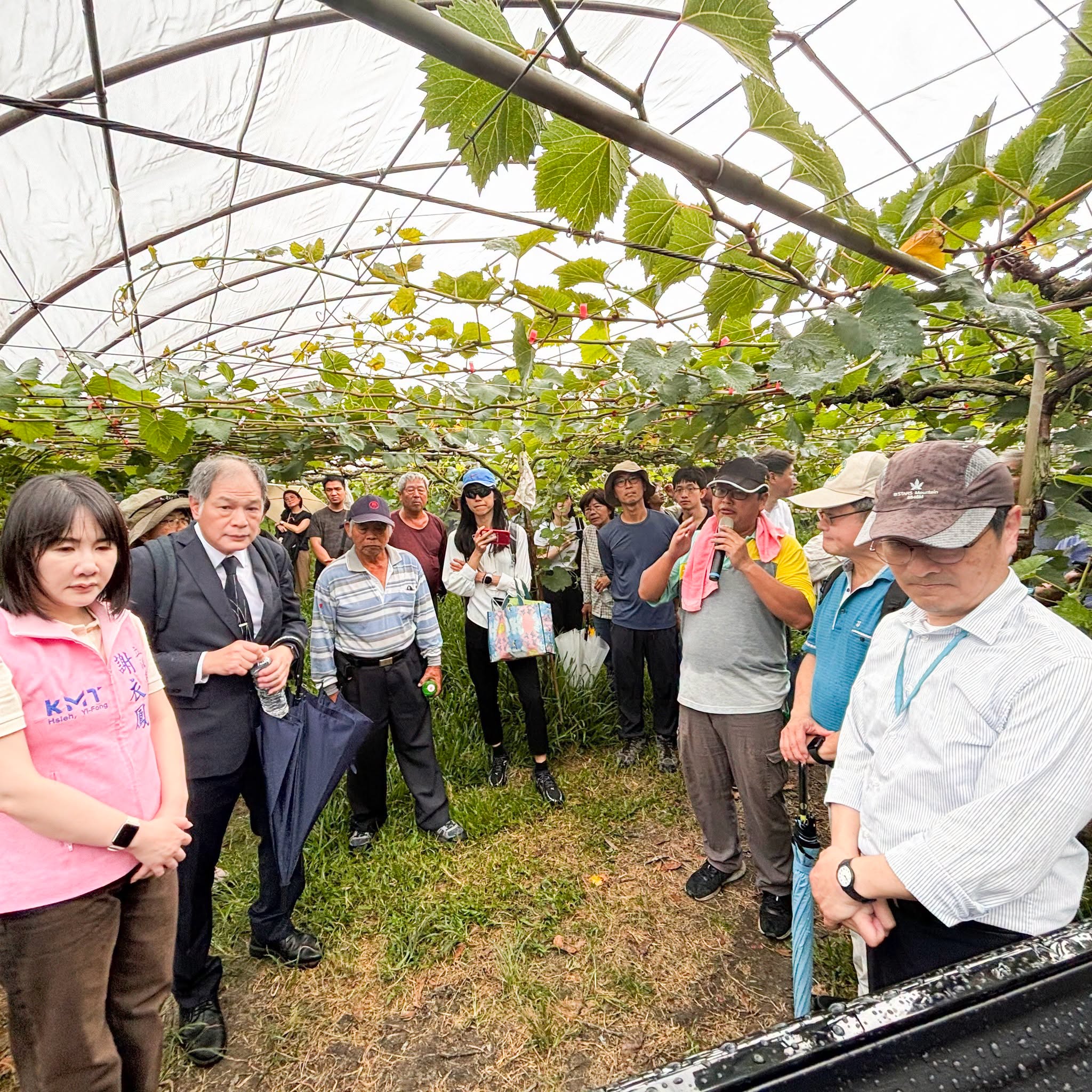 張佳偉助理研究員向與會長官與農友介紹智慧噴藥載台於葡萄園場域自走運行情形。