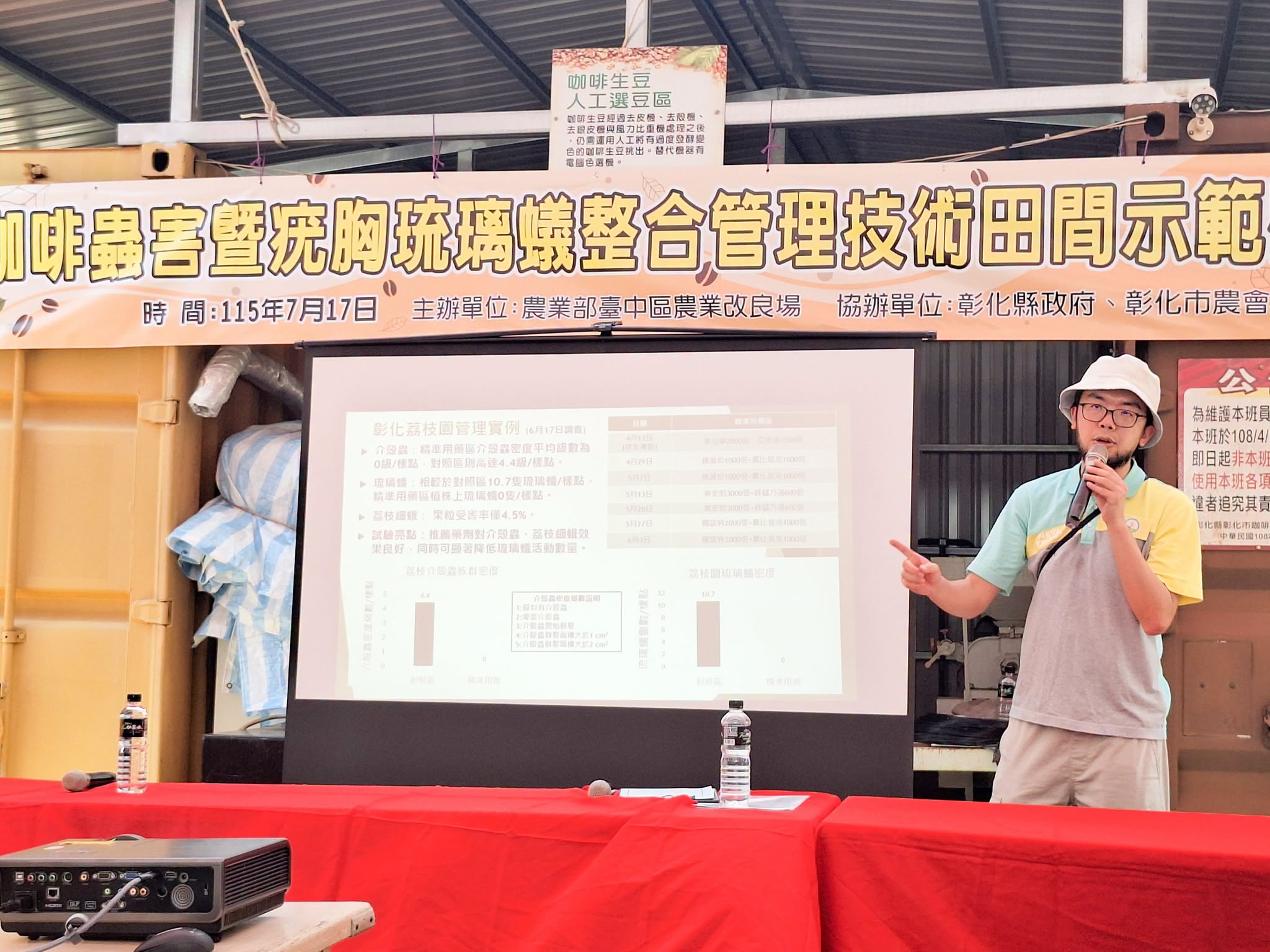 于逸知助理研究員講解咖啡及果樹蟲害整合管理之重點。