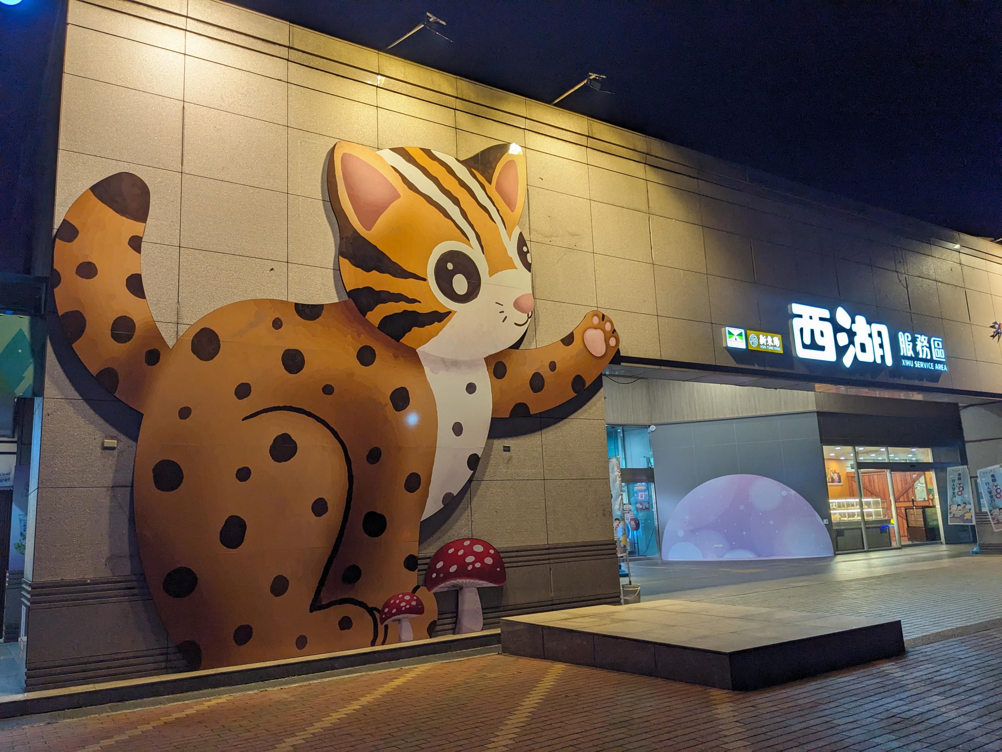 苗栗的淺山區域是石虎主要的棲息環境之一,中山高速公路西湖休息區的外牆,用石虎當作主要意象。