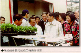陳總統參觀菊花插苗機操作情形