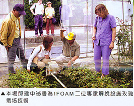 本場邱建中秘書為IFOAM二位專家解說設施玫瑰栽培技術