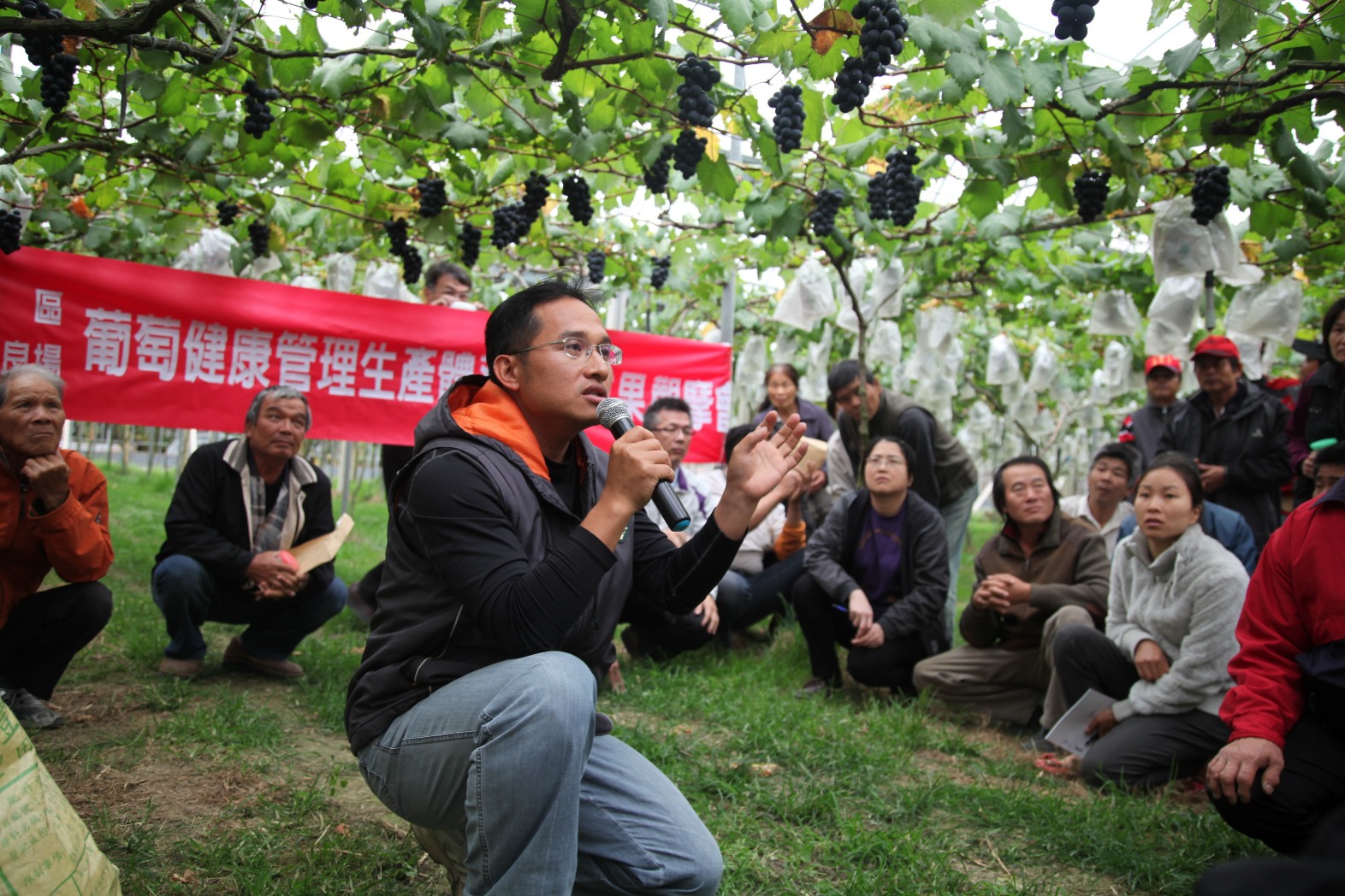 溫室葡萄為彰化地區重要產業，臺中場葉文彬助理研究員就田間觀摩情形，向農友們說明葉片管理對葡萄品質提升的重要性。