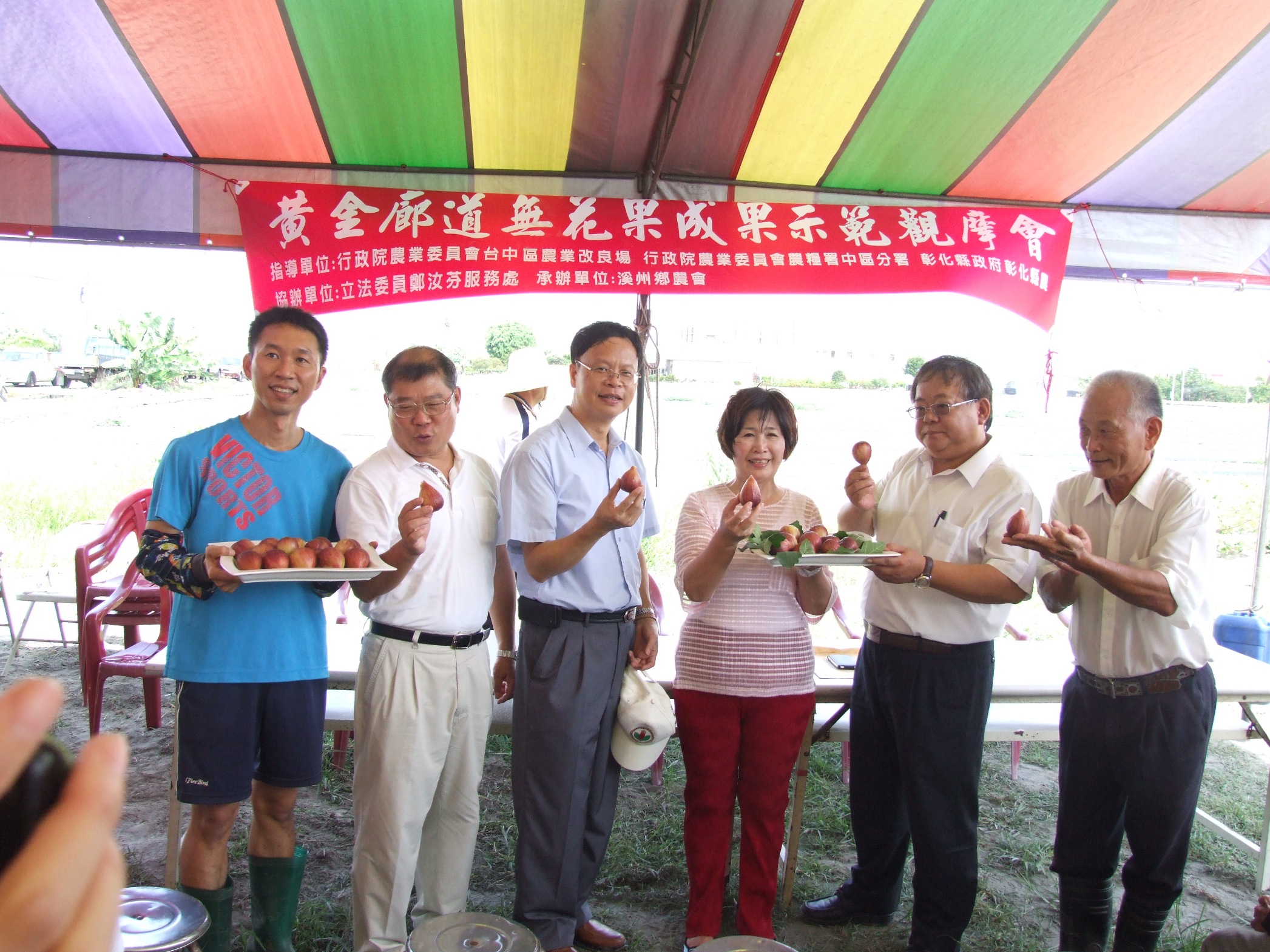 鐘順禹農友 ( 左起 ) 、彰化縣農會廖振賢總幹事、臺中區農業改良場林學詩場長、立法委員鄭汝芬、溪州鄉農會彭顯賦總幹事與鐘國政農友，一同見證無花果種植成果