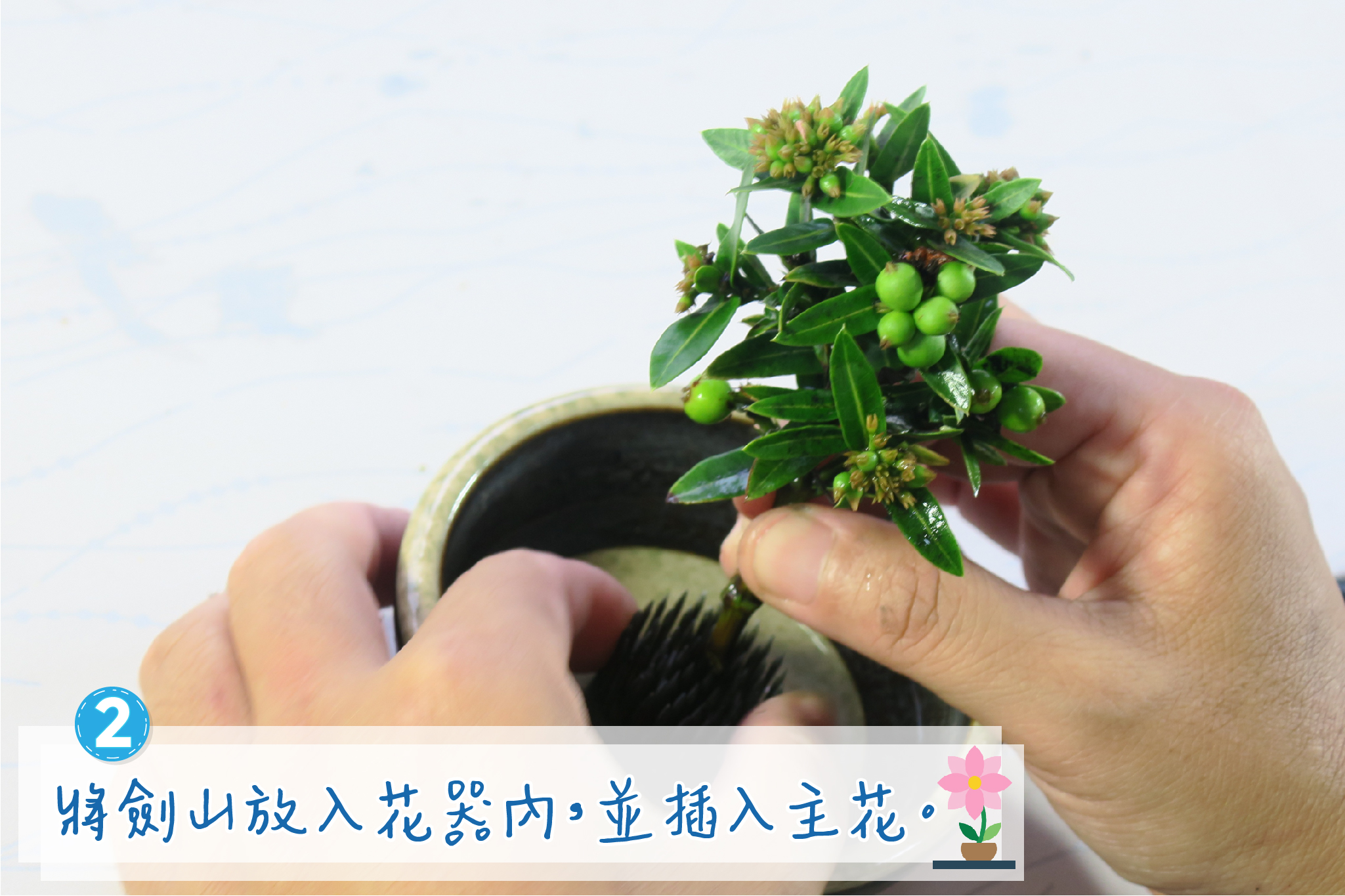 將劍山放入花器內，並插入主花。