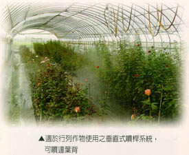 適於行列作物使用之垂直式噴桿系統，可噴達葉背